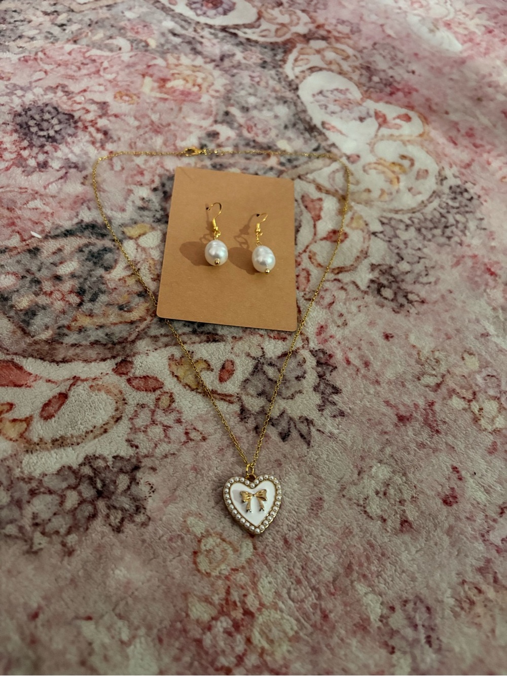 Hand made Gold Heart Pendant Necklace with White Enamel & Pearl Drop Earrings